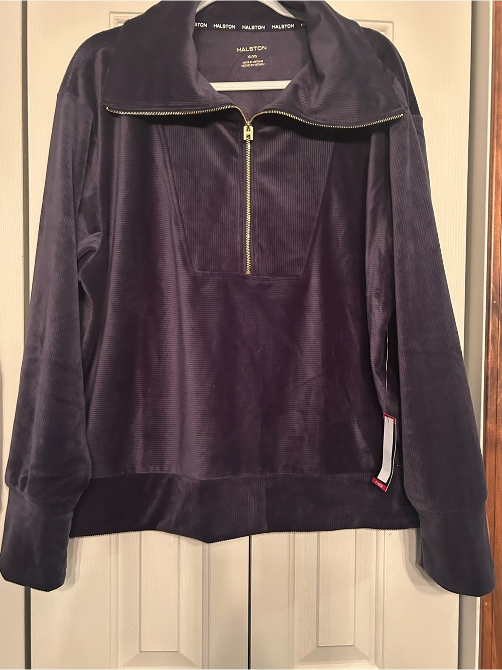Halston Heritage Navy Corduroy Half-Zip Teddy Jacket with Gold Zipper